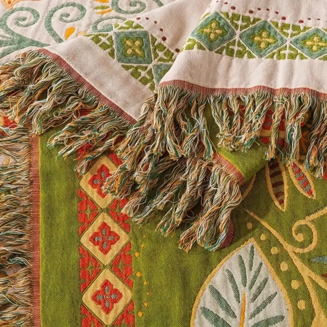 Drap Boho - Réversible avec Feuilles d'Automne et Franges