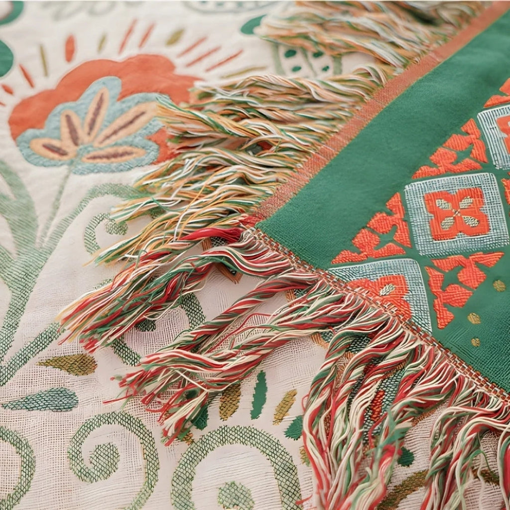 Drap Boho - Réversible avec Feuilles d'Automne et Franges
