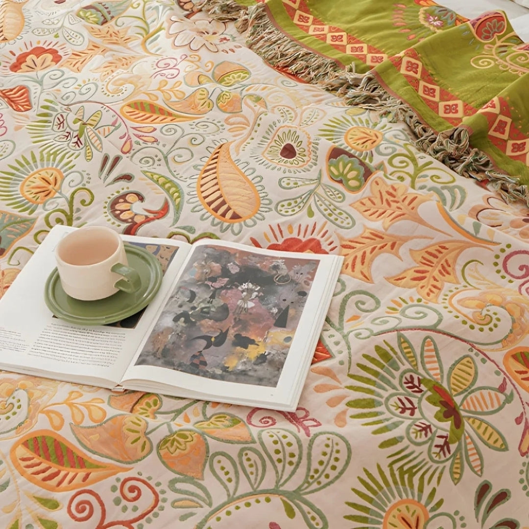 Drap Boho - Réversible avec Feuilles d'Automne et Franges
