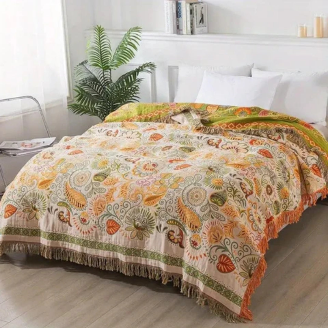 Drap Boho - Réversible avec Feuilles d'Automne et Franges