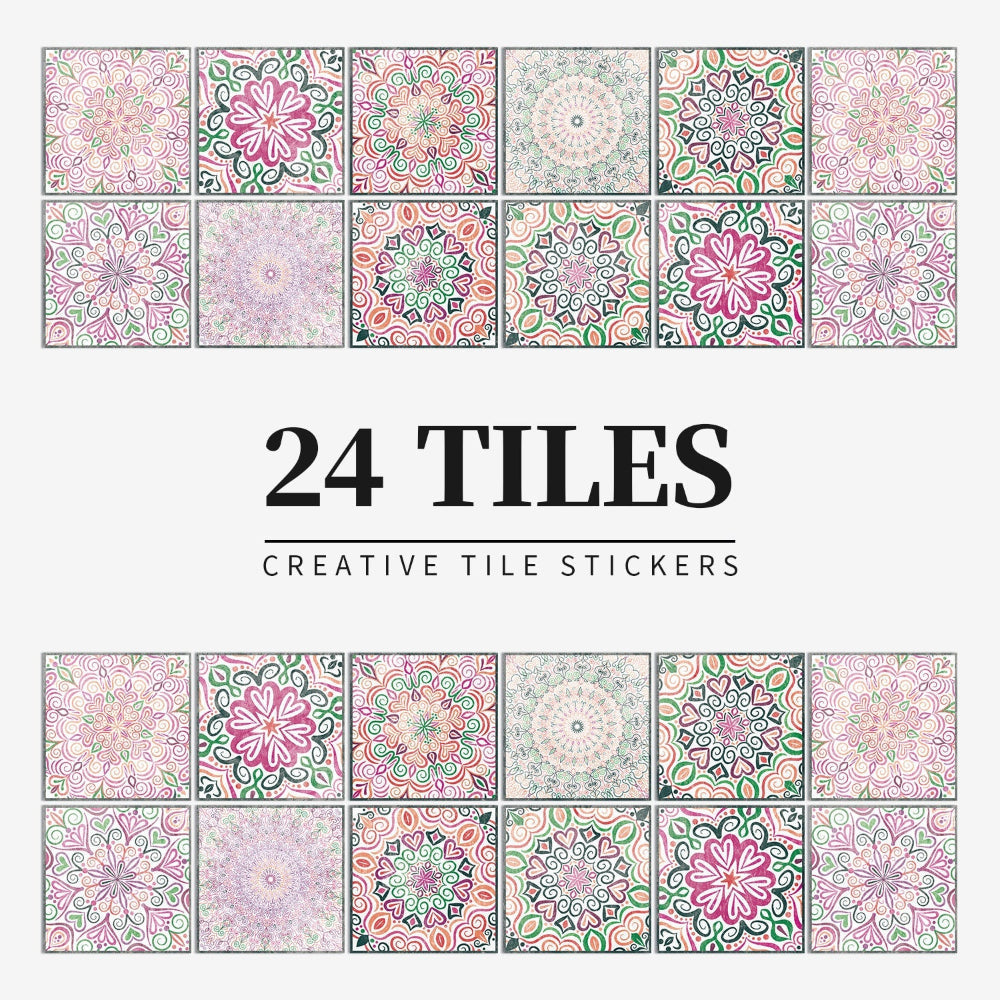 Autocollants de carreaux portugais auto-adhésifs avec un motif mandala coloré pour la décoration murale de la cuisine et de la salle de bain, ensemble de 24 pièces | Sansoti