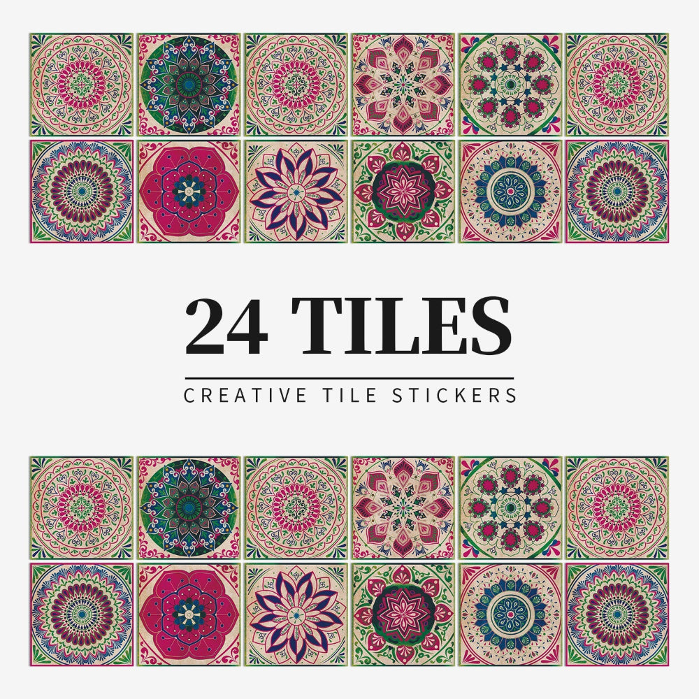 Autocollants de carreaux portugais auto-adhésifs avec un motif mandala coloré pour la décoration murale de la cuisine et de la salle de bain, ensemble de 24 pièces | Sansoti