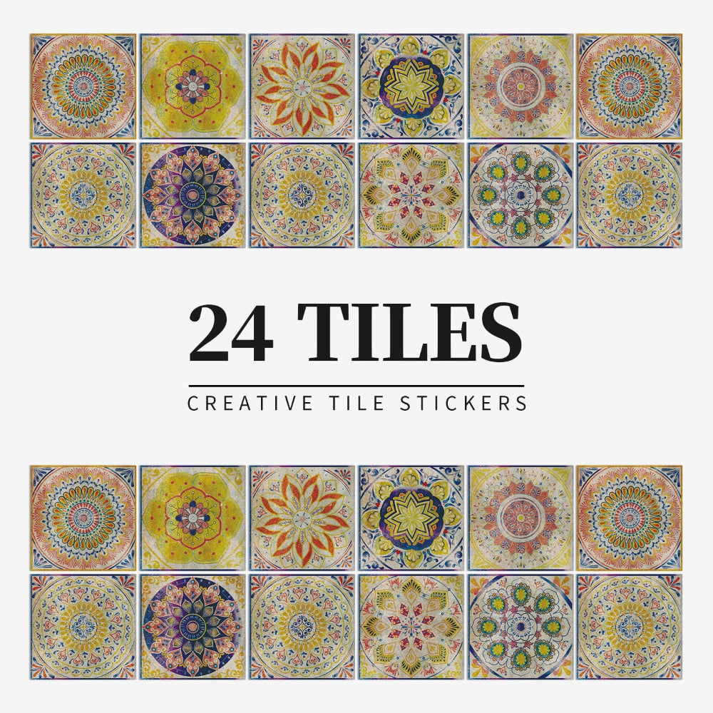 Autocollants de carreaux portugais auto-adhésifs avec un motif mandala coloré pour la décoration murale de la cuisine et de la salle de bain, ensemble de 24 pièces | Sansoti