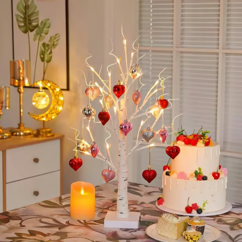 Love Tree™ – Arbre en bouleau LED avec 18 ornements en forme de cœur
