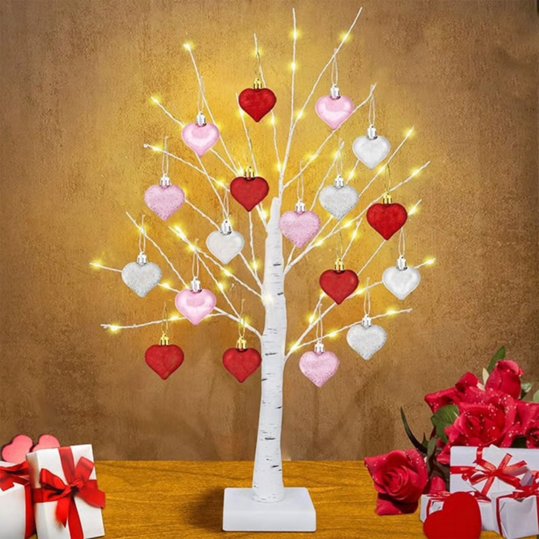 Love Tree™ – Arbre en bouleau LED avec 18 ornements en forme de cœur