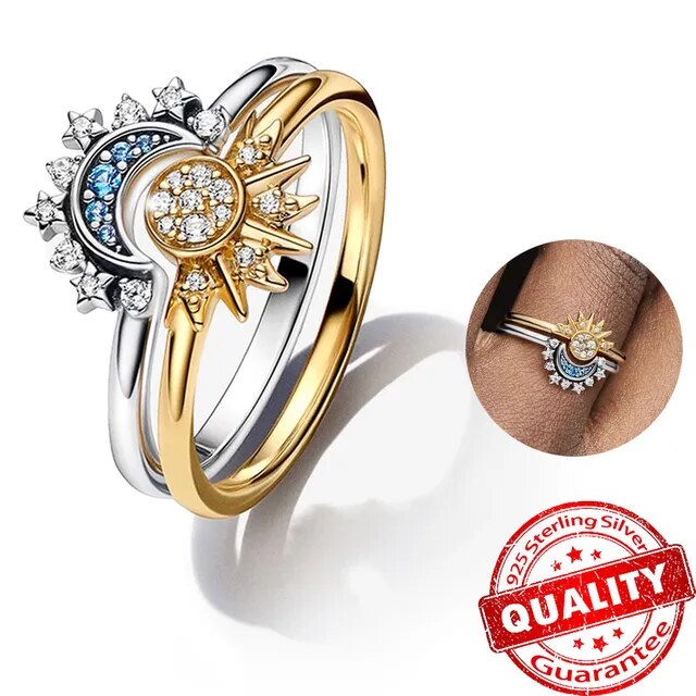 Bague en cristal argenté soleil-lune scintillant