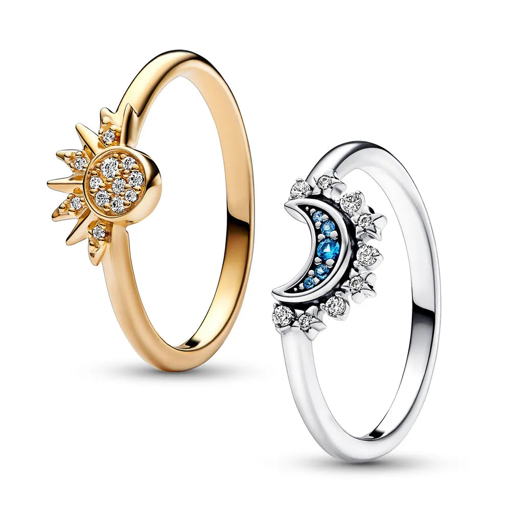 Bague en cristal argenté soleil-lune scintillante