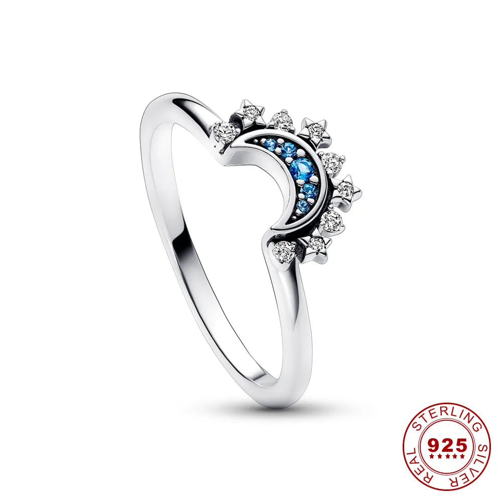 Bague en cristal argenté soleil-lune scintillant