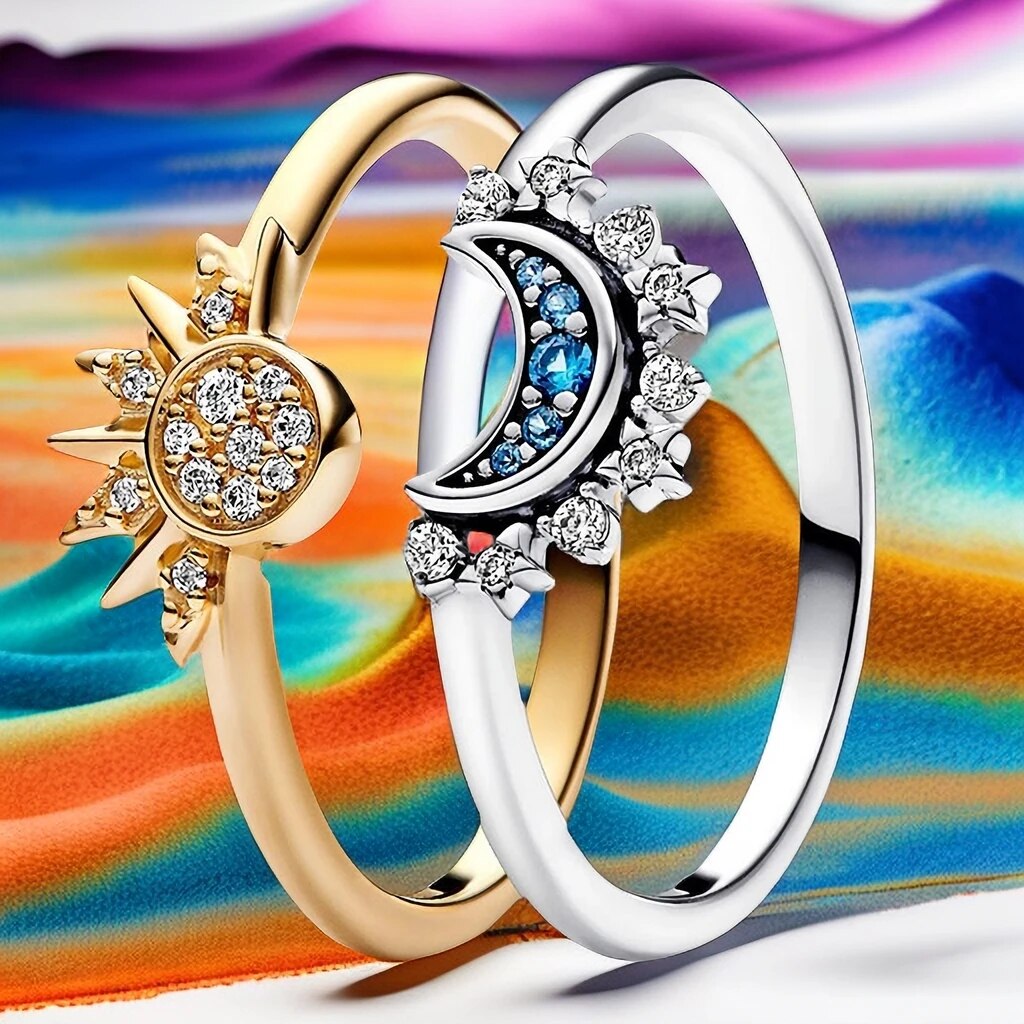 Bague en cristal argenté soleil-lune scintillante