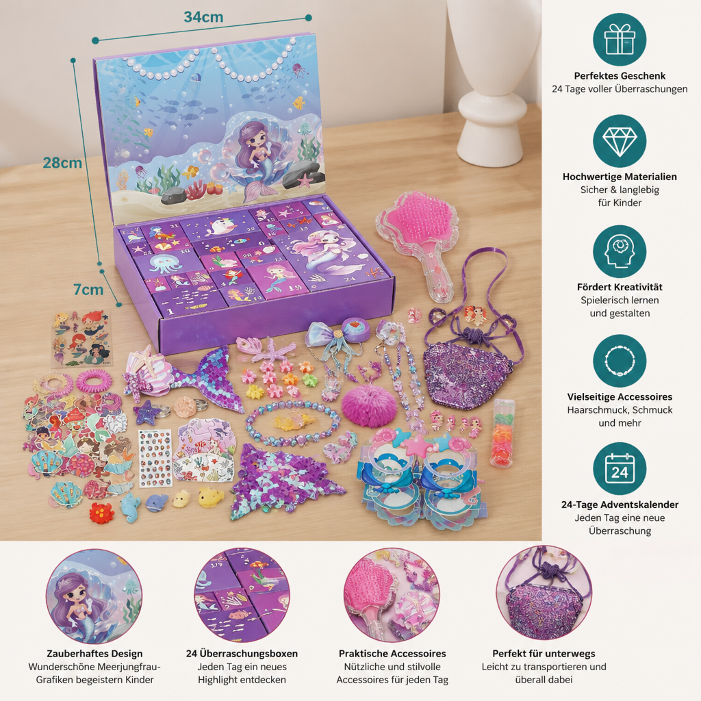 Calendrier de l'Avent Sirène – 24 Jours avec Accessoires Capillaires & Surprises