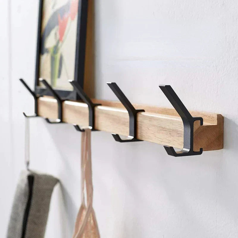 Nordivo Porte-manteau mural avec crochets doubles mobiles | Design scandinave | Bois & Aluminium | Gain de place & Moderne