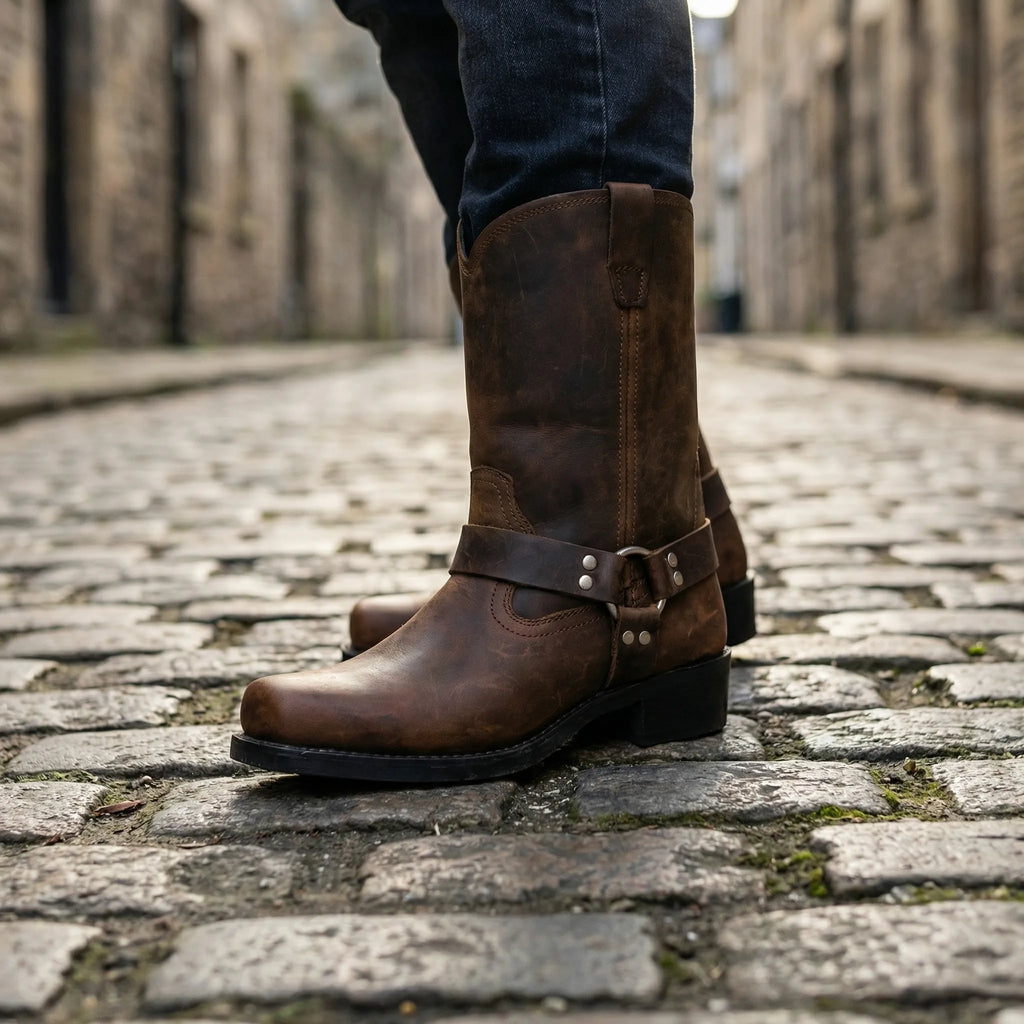 Bottes Western Vintage pour Hommes avec Boucle de Harnais – Cuir Fait Main Cognac Chêne Noir | Sansoti
