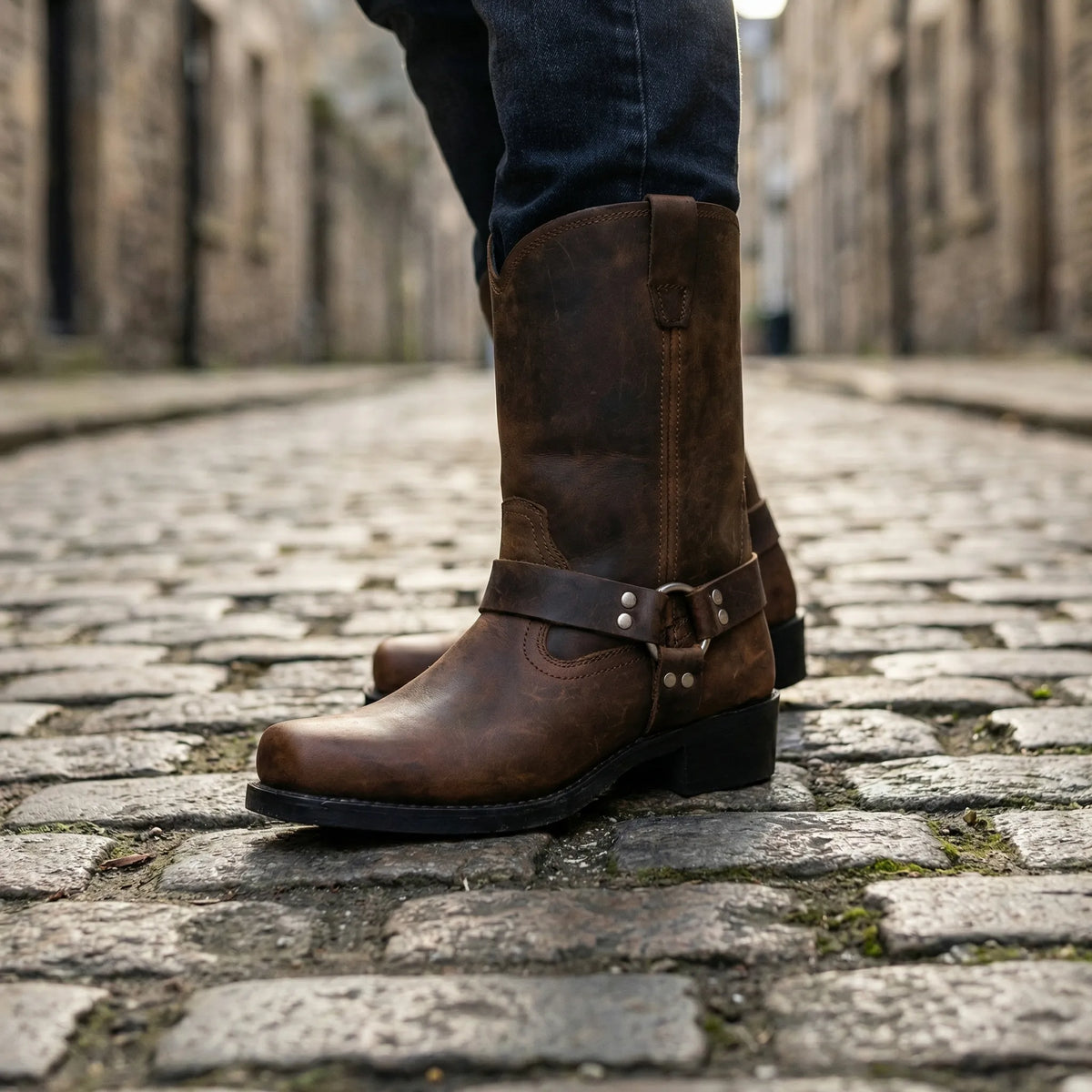 Bottes Western Vintage pour Hommes avec Boucle de Harnais – Cuir Fait Main Cognac Chêne Noir | Sansoti