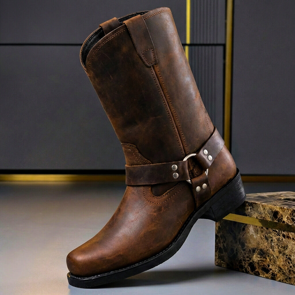 Bottes Western Vintage pour Hommes avec Boucle de Harnais – Cuir Fait Main Cognac Chêne Noir | Sansoti
