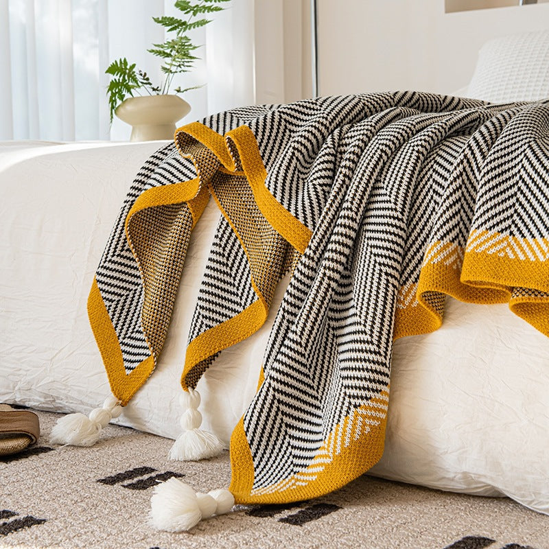 Plaid Tricoté avec Franges – Couverture Décorative pour Canapé