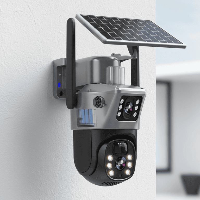 DUALGUARD CAM – Caméra de sécurité sans fil 4K avec panneau solaire et vue panoramique à 360°