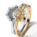 Bague en cristal argenté soleil-lune scintillante