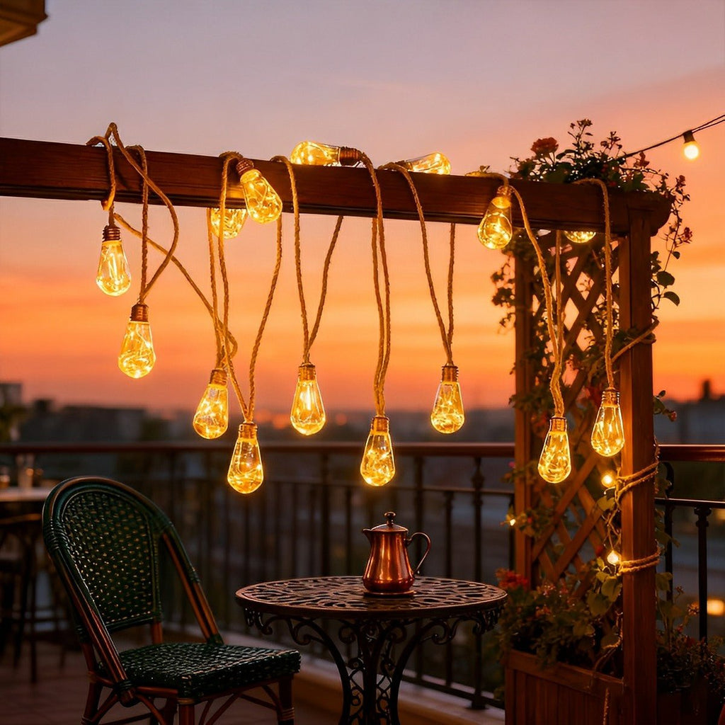 Guirlandes Lumineuses Extérieures | Ampoules LED Solaires avec Design en Corde de Chanvre | Lumière Blanc Chaud pour Terrasses et Jardins