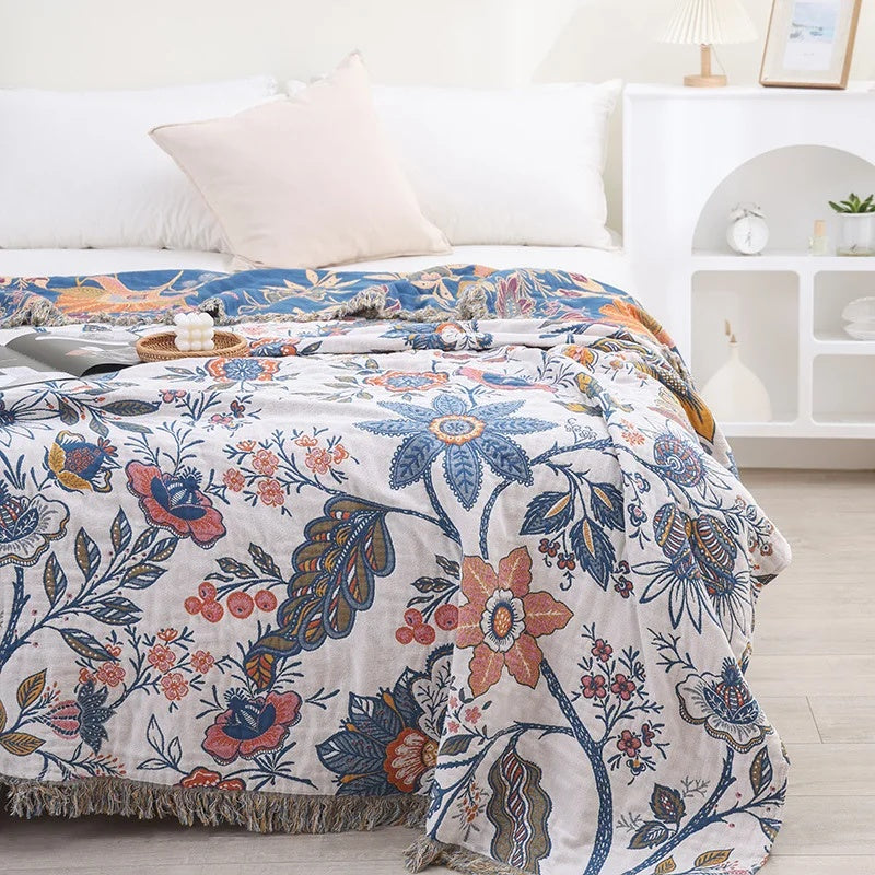 Étreinte de la Nature – Couverture en Coton Floral Réversible