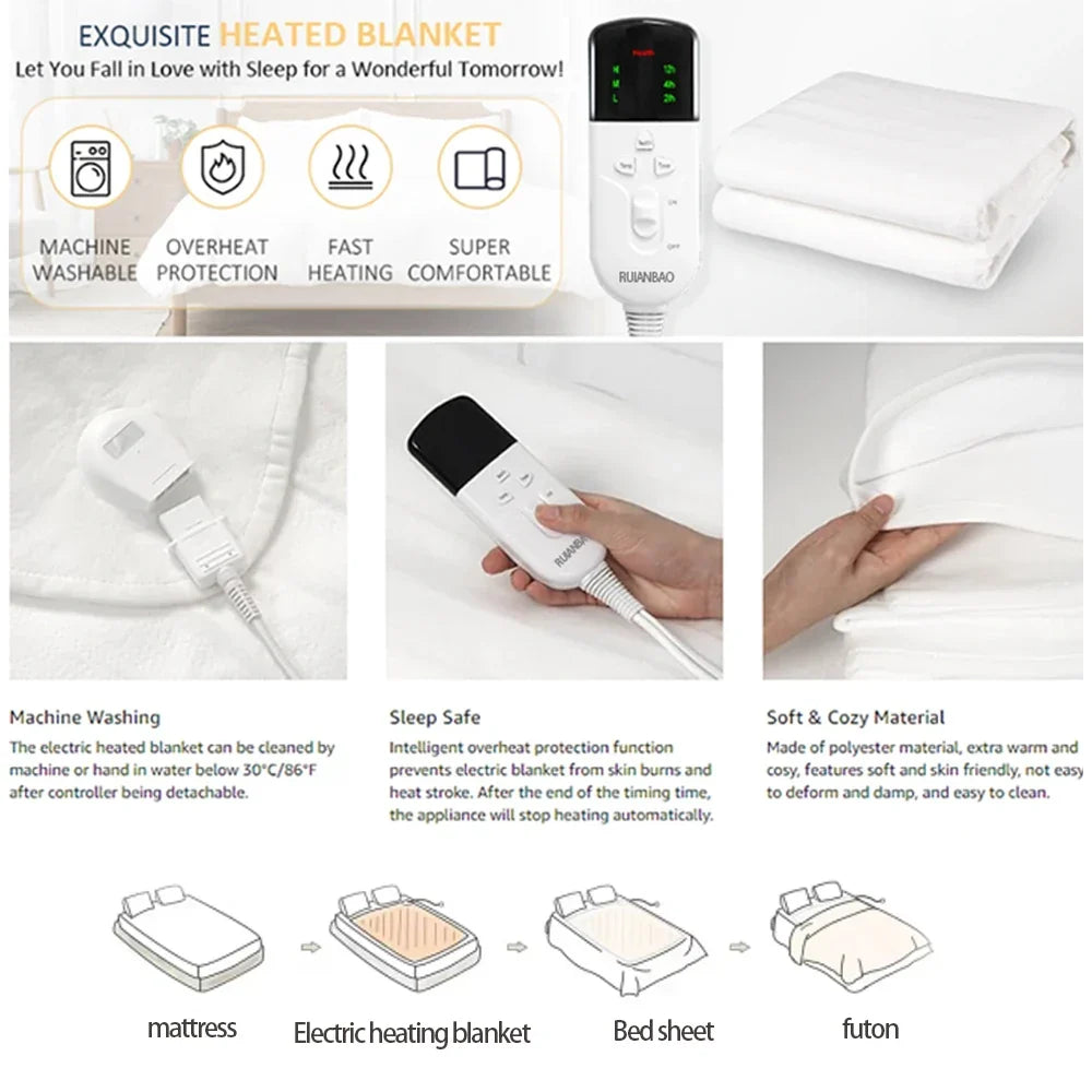 Couverture Électrique 150×80 cm – 3 Niveaux de Chaleur, Minuteur & Sécurité