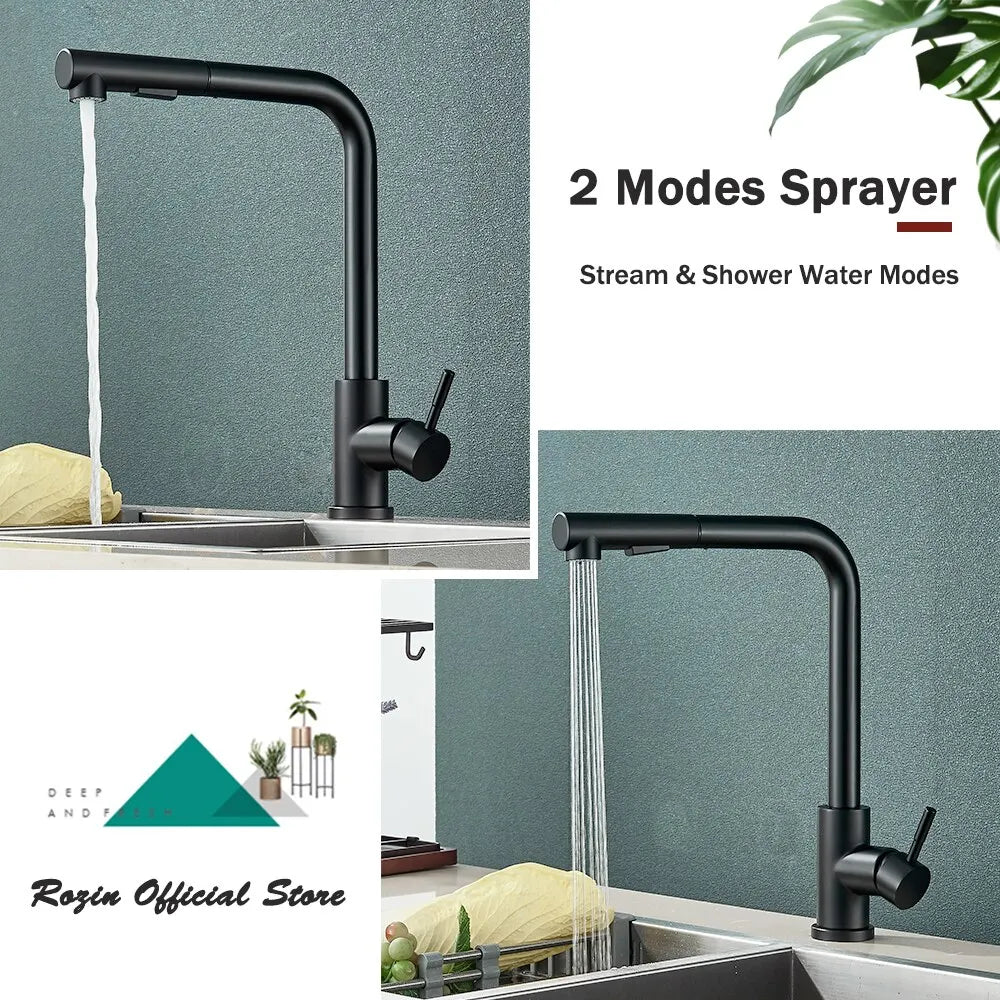 Skanto | Robinet de Cuisine Noir à Douchette Téléscopique - Flexible avec 2 Modes de Jet et de Pulvérisation, Robinet Mélangeur Eau Chaude-Froide en Acier Inoxydable