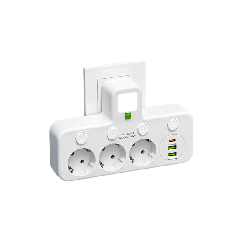 Multiprise VOLTRIQ ProLine | 3–4 prises + 2× USB & 1× Type-C | 2500 W | Protection contre les surtensions & interrupteur de contrôle