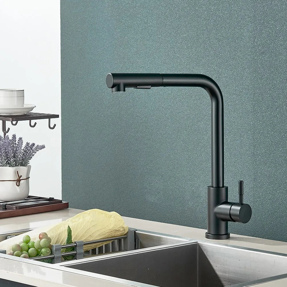Skanto | Robinet de Cuisine Noir à Douchette Téléscopique - Flexible avec 2 Modes de Jet et de Pulvérisation, Robinet Mélangeur Eau Chaude-Froide en Acier Inoxydable