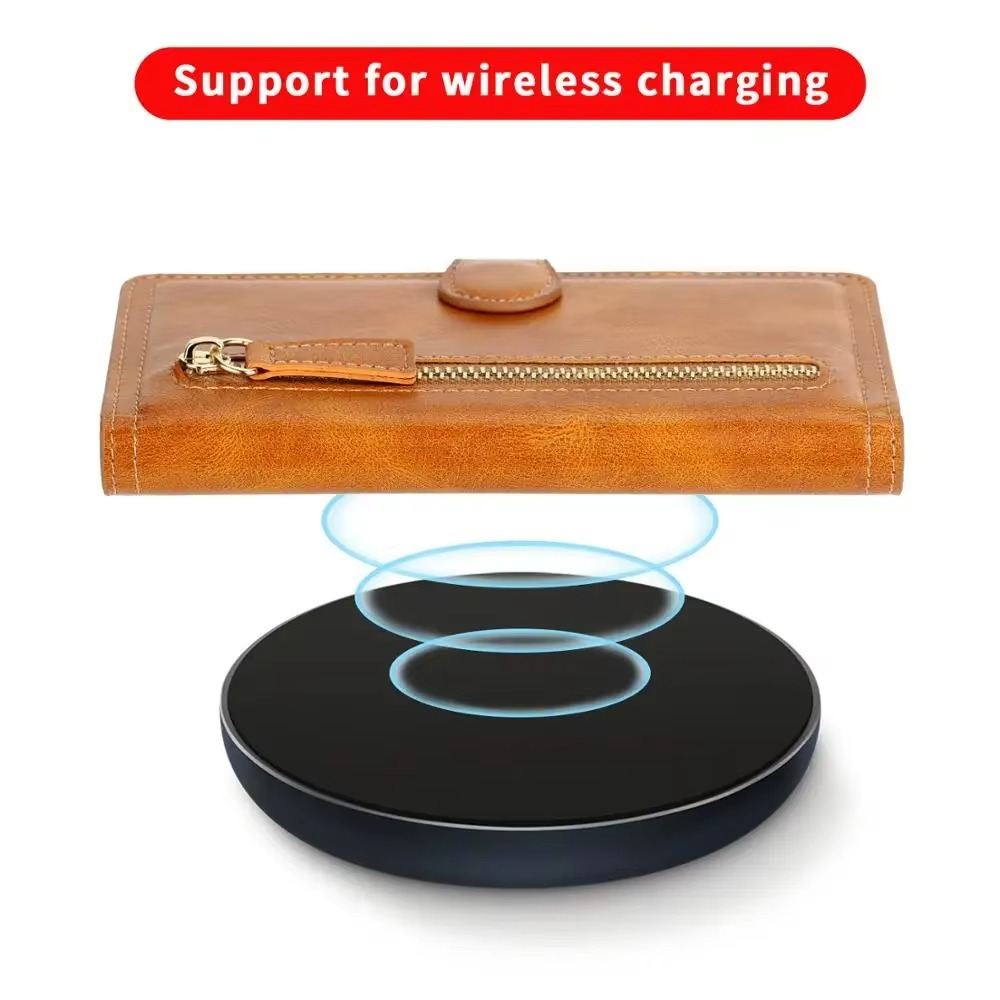 Étui portefeuille pour iPhone avec fermeture éclair, fonction stand, plusieurs emplacements pour cartes