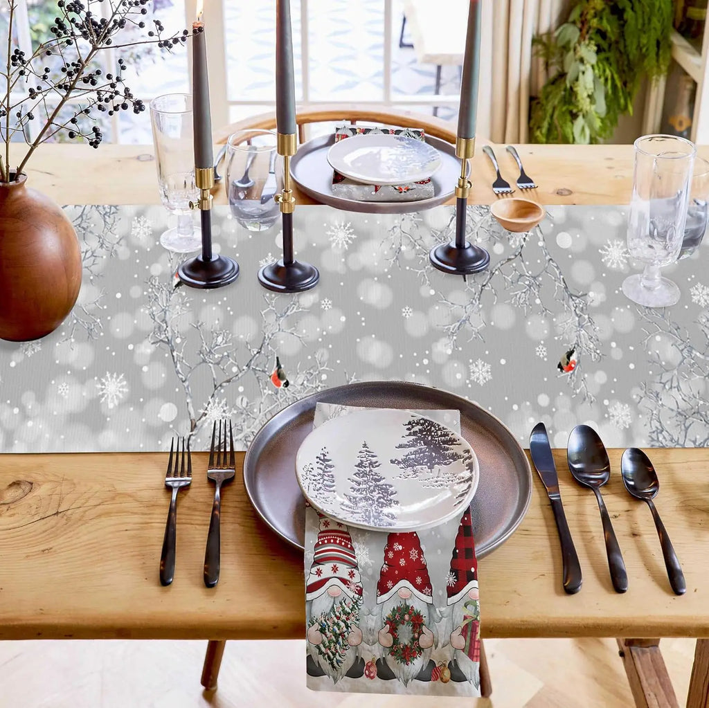 Nappe de Noël avec Gnomes des Neiges – Décoration de Noël en Lin Luxe