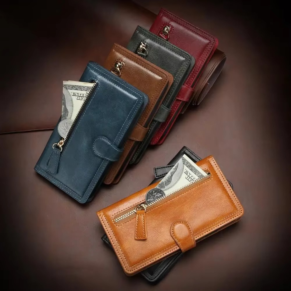 Étui portefeuille pour iPhone avec fermeture éclair, fonction stand, plusieurs emplacements pour cartes
