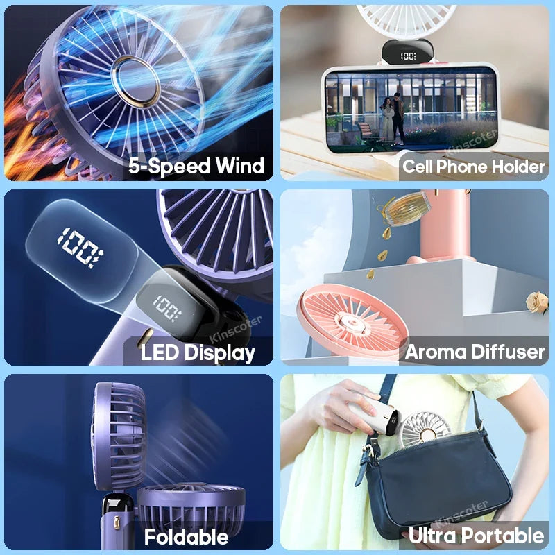 AERIONIQ Mini-Ventilateur 3-en-1 | Affichage LED | 5 Vitesses | Batterie avec fonction Powerbank | Portable & Sur pied