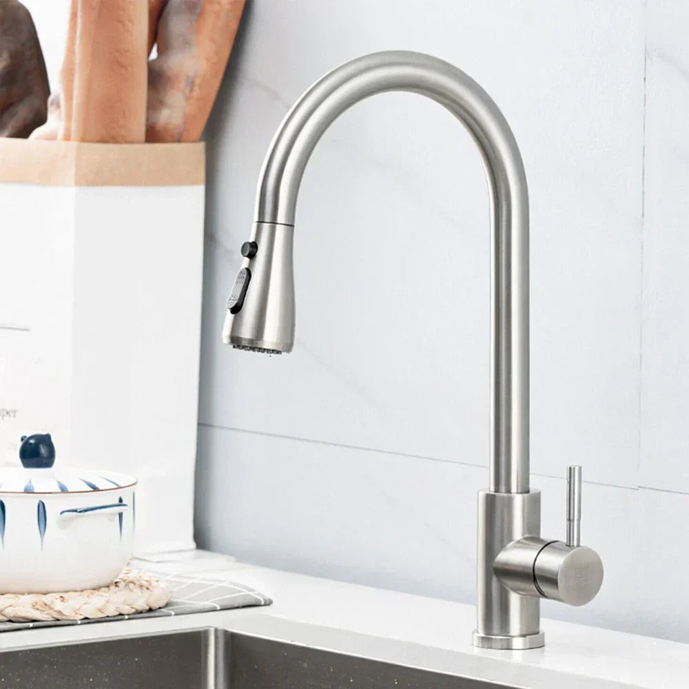 Skanto | Robinet rétractable avec mélangeur à levier unique – Robinet flexible avec fonction douche, Acier inoxydable de haute qualité, Idéal pour les cuisines modernes, Installation facile