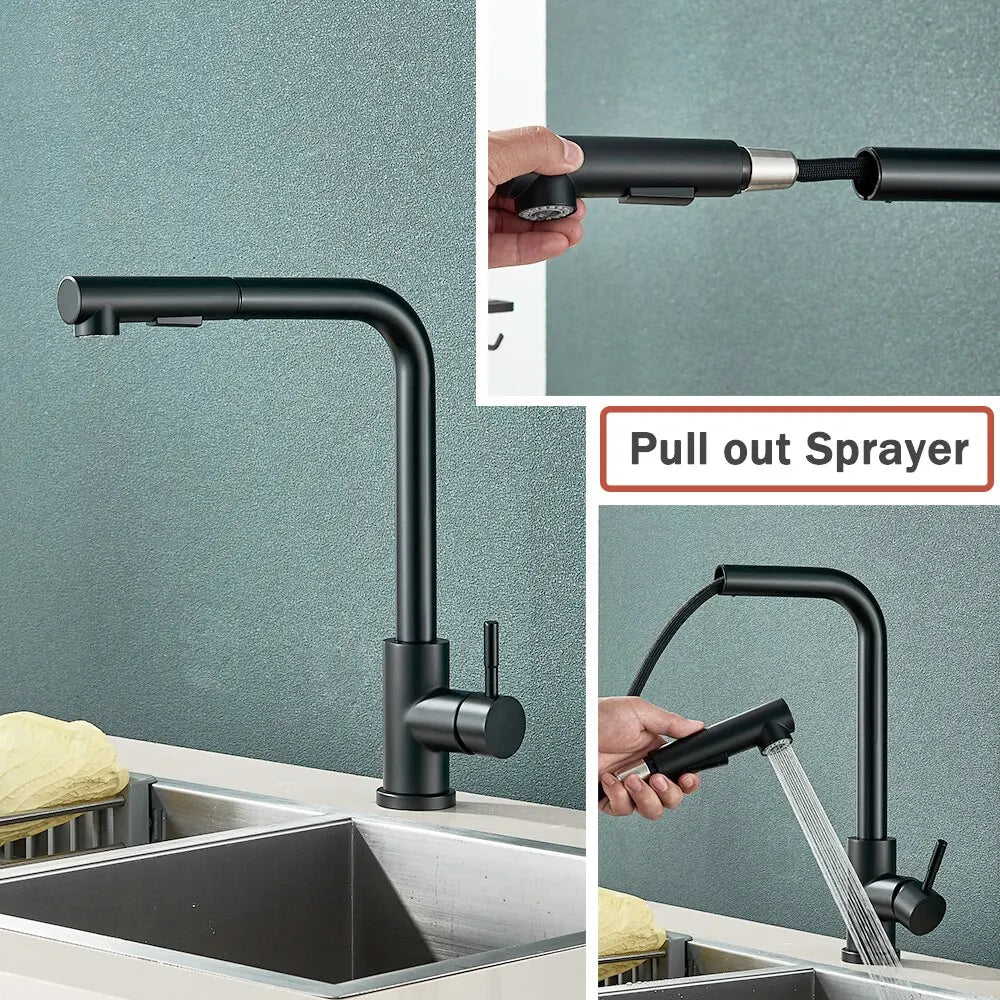 Skanto | Robinet de Cuisine Noir à Douchette Téléscopique - Flexible avec 2 Modes de Jet et de Pulvérisation, Robinet Mélangeur Eau Chaude-Froide en Acier Inoxydable