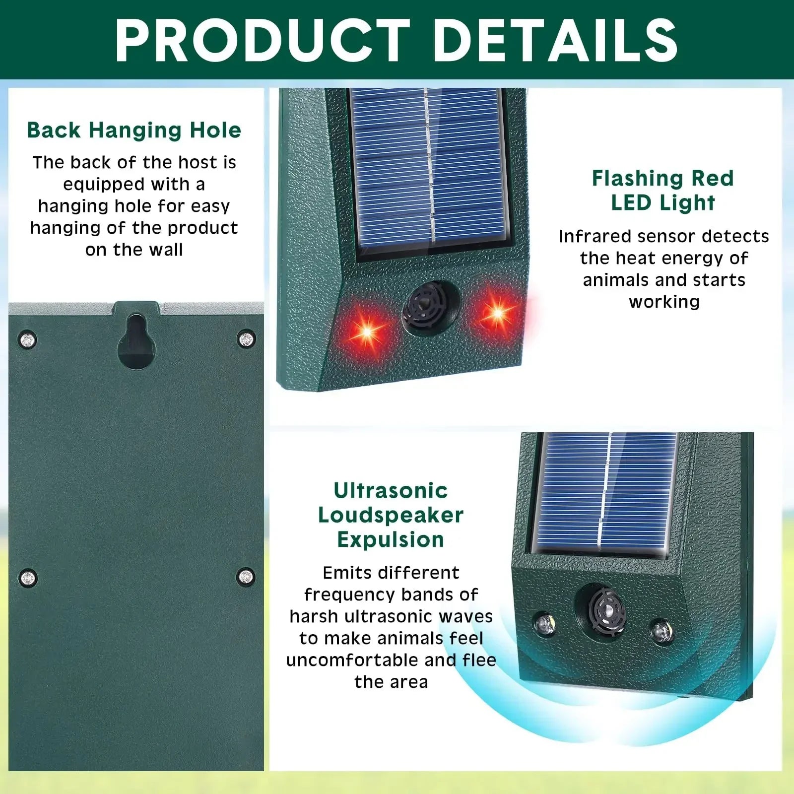 SolarGuardix Dispositif Ultrasonique pour Oiseaux Solaire | Avec LED et Capteur de Mouvement | Imperméable IP58 | Couverture de 600 m²