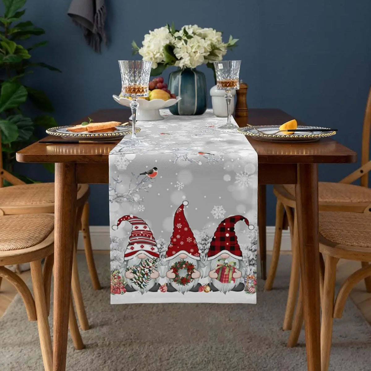 Nappe de Noël avec Gnomes des Neiges – Décoration de Noël en Lin Luxe
