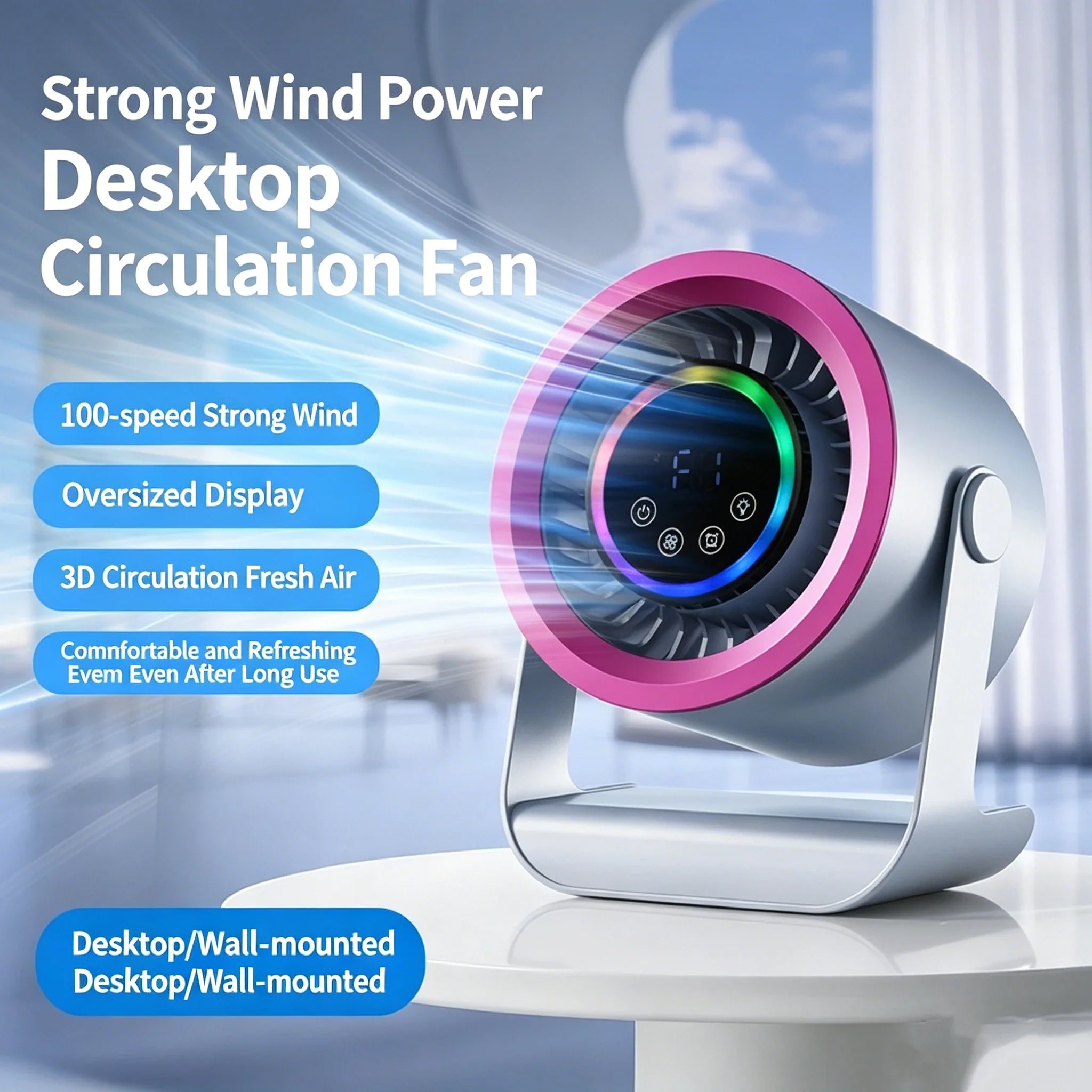 Ventilateur de bureau 3600mAh avec 100 vitesses et affichage numérique