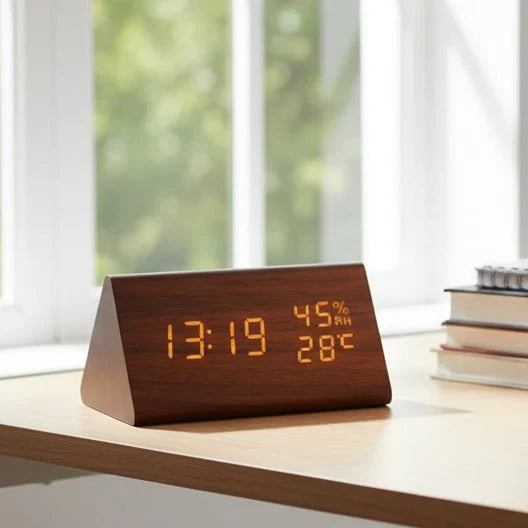 Réveil Futura en Bois LED avec Trois Alarmes Affichage de Température Luminosité Réglable