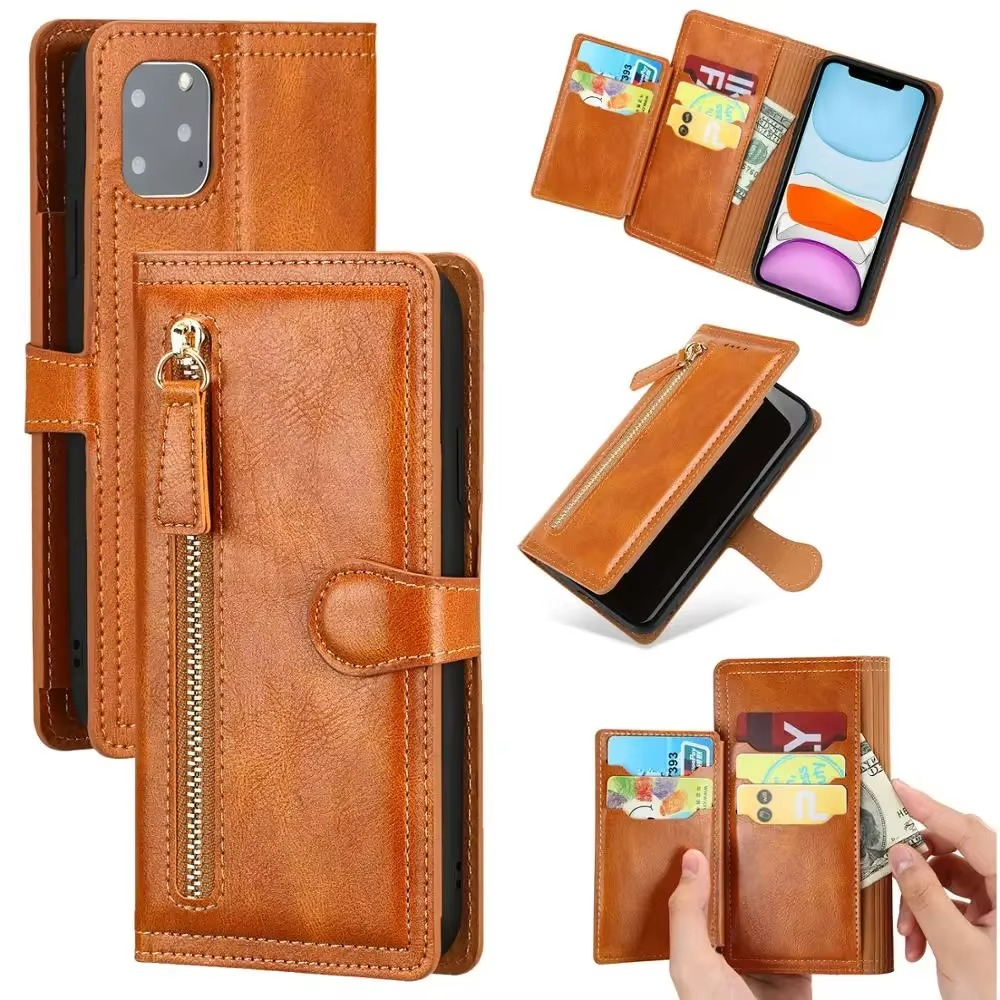 Étui portefeuille pour iPhone avec fermeture éclair, fonction stand, plusieurs emplacements pour cartes