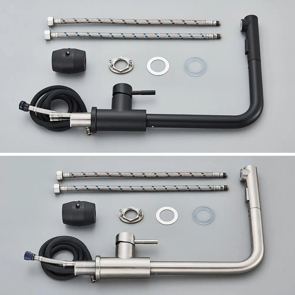 Skanto | Robinet de Cuisine Noir à Douchette Téléscopique - Flexible avec 2 Modes de Jet et de Pulvérisation, Robinet Mélangeur Eau Chaude-Froide en Acier Inoxydable