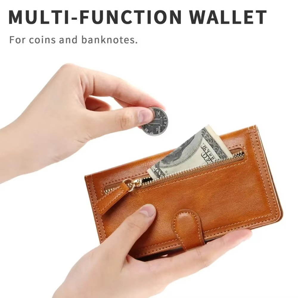 Étui portefeuille pour iPhone avec fermeture éclair, fonction stand, plusieurs emplacements pour cartes