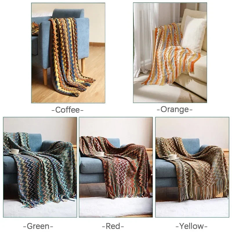 Plaid Boho avec Franges – Douce Couverture avec Motif Géométrique dans des Couleurs Chaudes