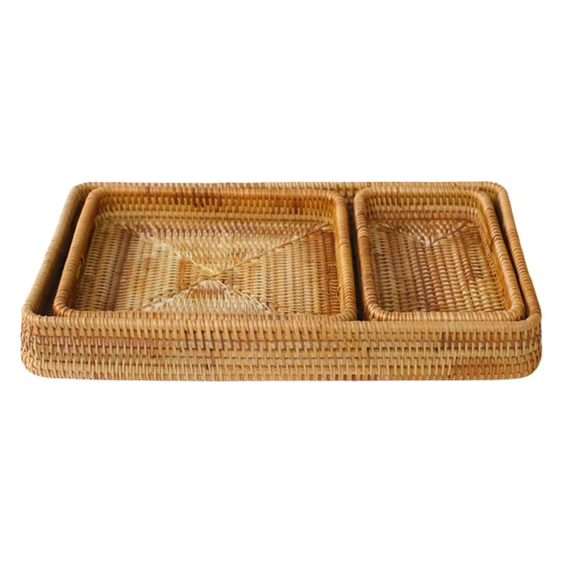 Plateau de Service en Rattan Élégant avec Poignées et Bords Élevés