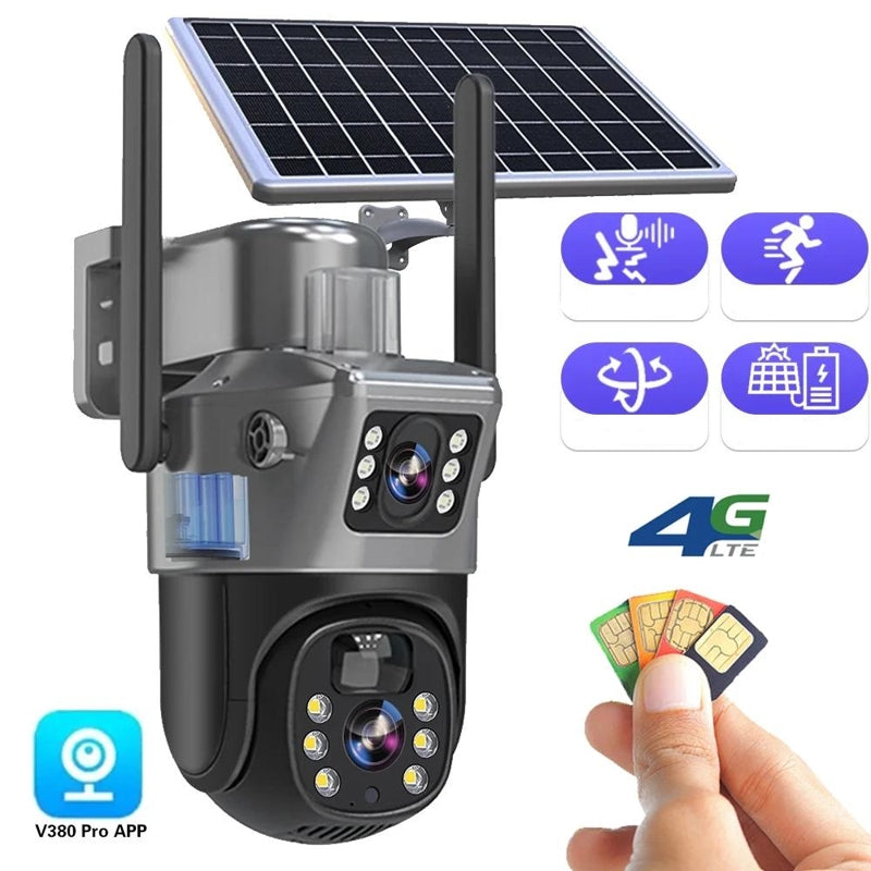 Caméra de Sécurité Solaire avec Double Objectif | Zoom 10x 360° PTZ | 12 000 mAh IP66 4G Wi-Fi