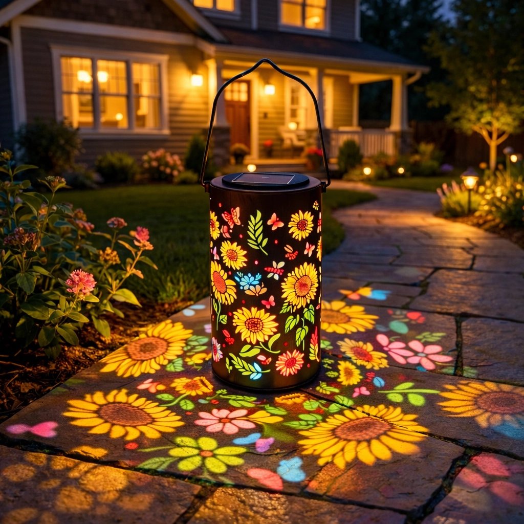 Lanterne de Jardin Solaire avec Motif Floral et Projection de Lumière