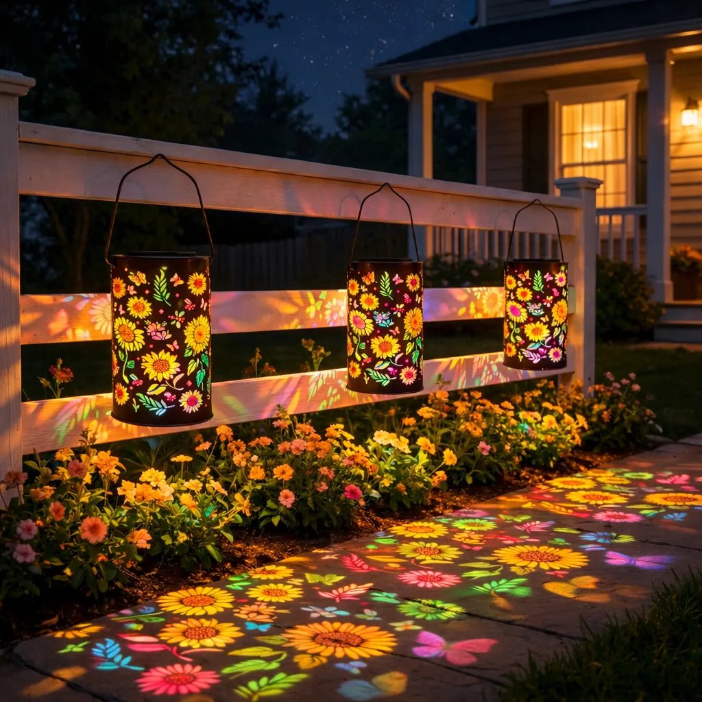Lanterne de Jardin Solaire avec Motif Floral et Projection de Lumière