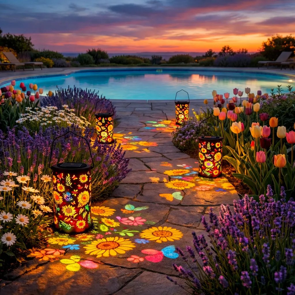 Lanterne de Jardin Solaire avec Motif Floral et Projection de Lumière