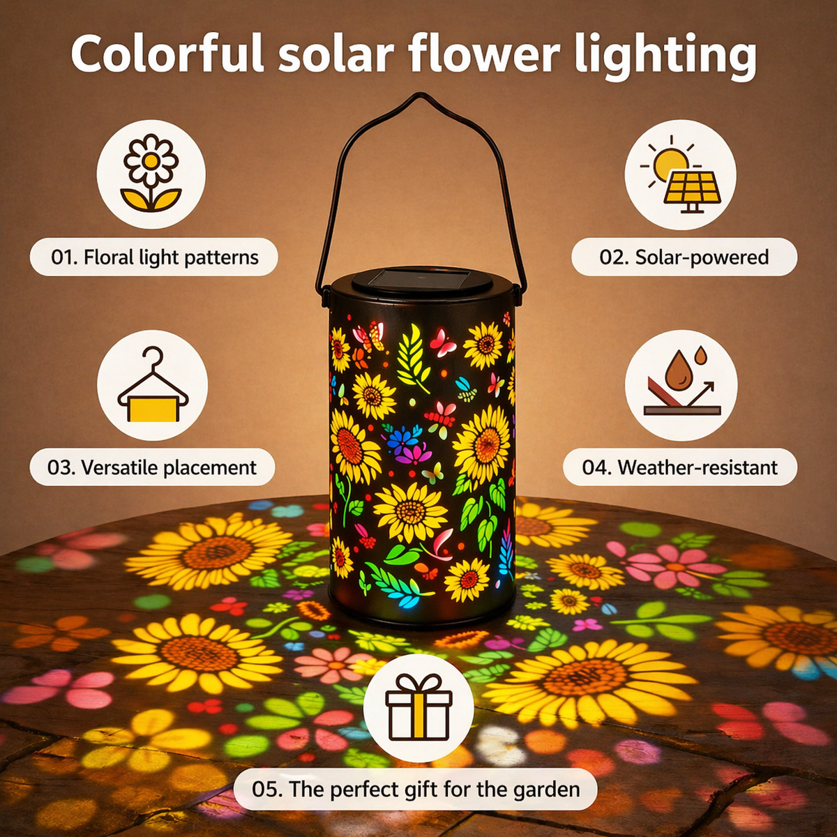 Lanterne de Jardin Solaire avec Motif Floral et Projection de Lumière