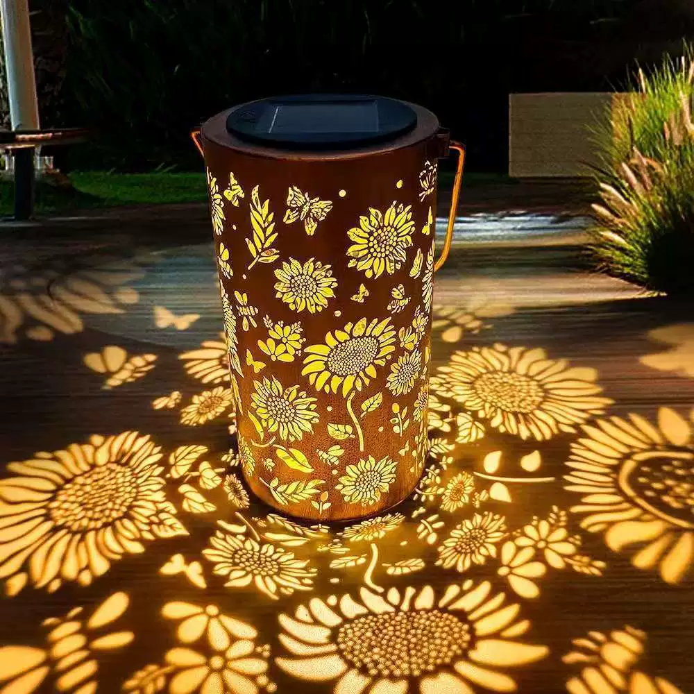 Lanterne de Jardin Solaire avec Motif Floral et Projection de Lumière
