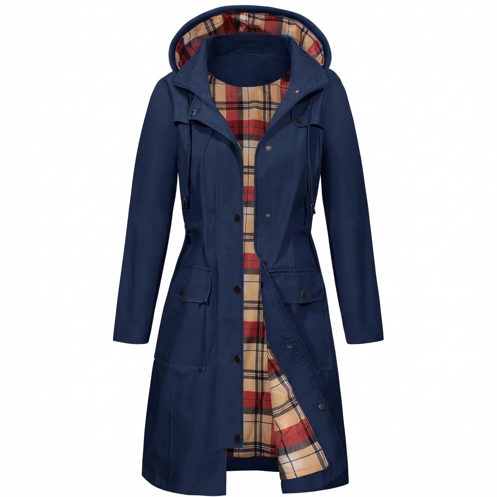Veste de Pluie Femme avec Capuche – Imperméable avec Doublure en Fleece à Carreaux