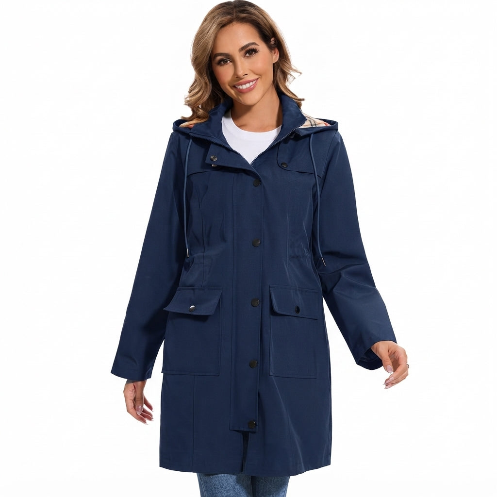 Veste de Pluie Femme avec Capuche – Imperméable avec Doublure en Fleece à Carreaux